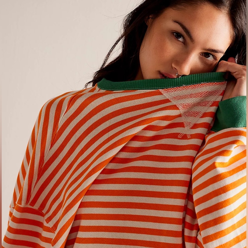 Free People Orange and Cream Striped Crewneck Sweater with Green Trim